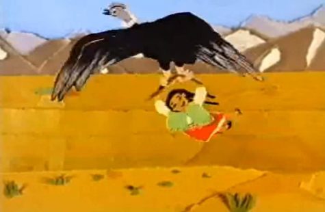 un cóndor llevando a una niña mientras vuela