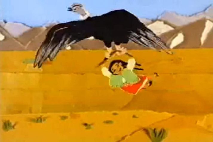 un cóndor llevando a una niña mientras vuela